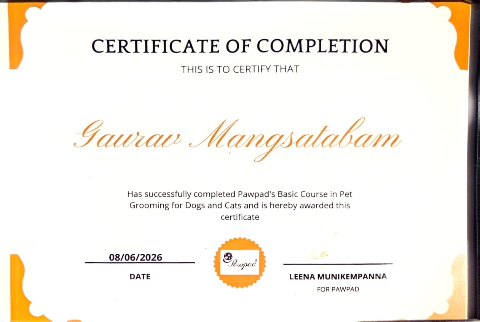 Pawpad certificate of completion for Gaurav Mangsatabam: Basic Course in Pet Grooming for Dogs and Cats