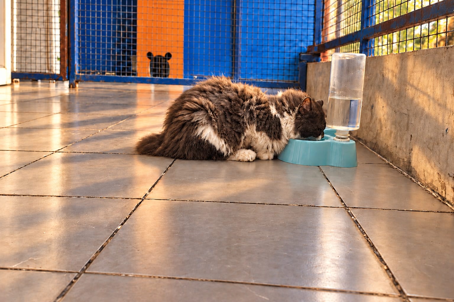 A fluffy black-and-white cat drinking from a water dispenser on the tiled floor