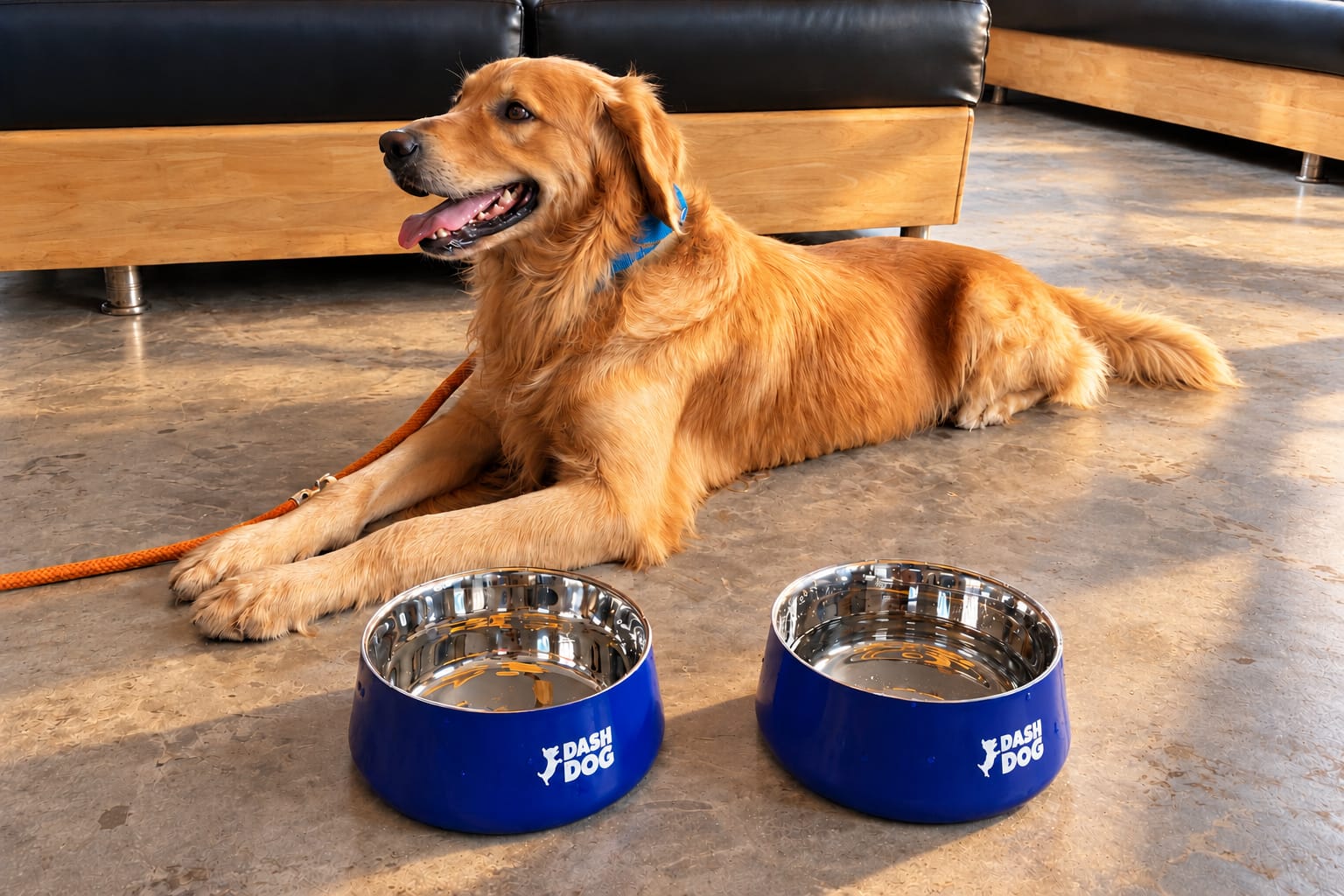 Ryo, a golden retriever, lying beside two blue water bowls