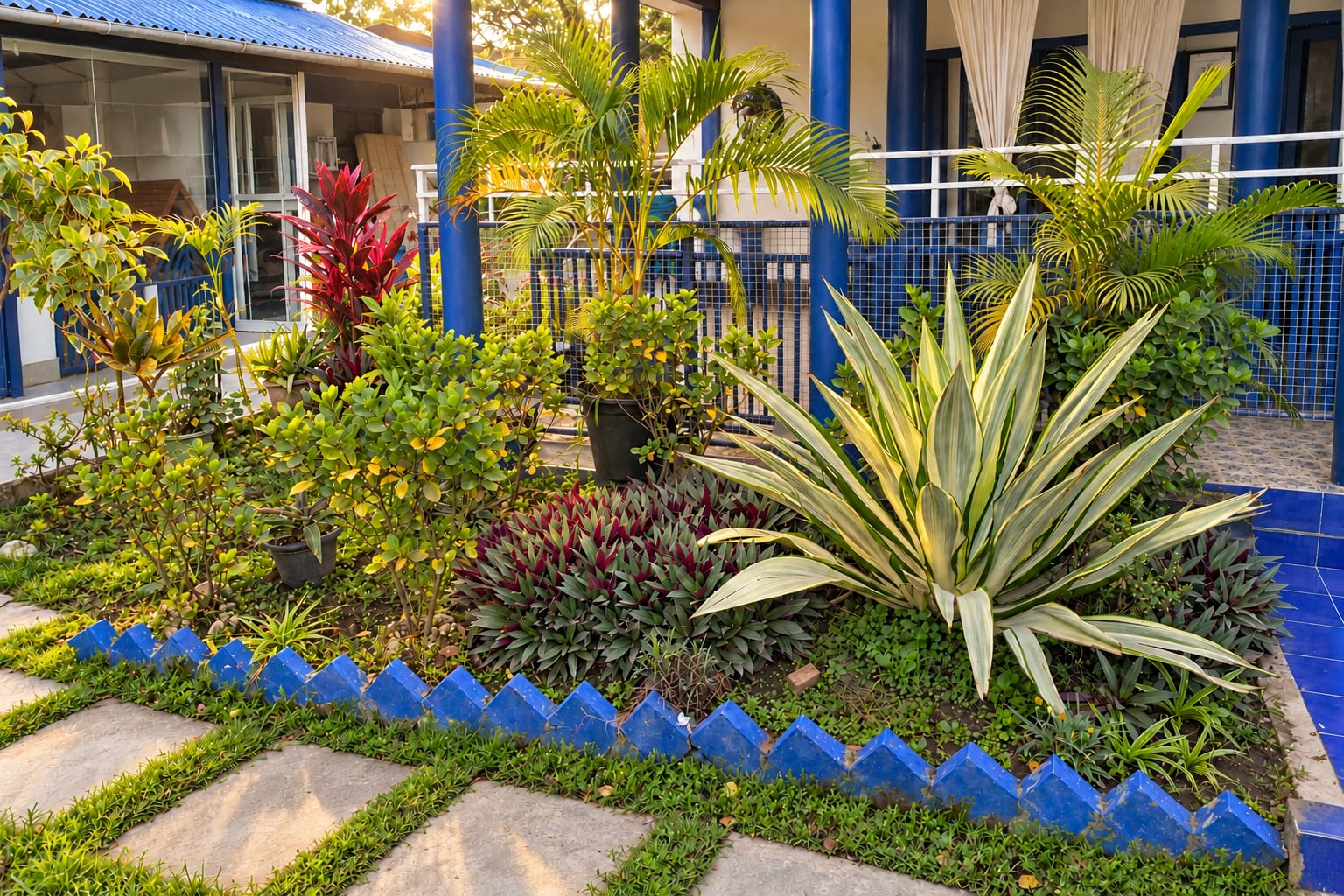 A raised bed edged with blue zigzag tiles, planted with agave, palms and red cordyline, beside the stepping stones