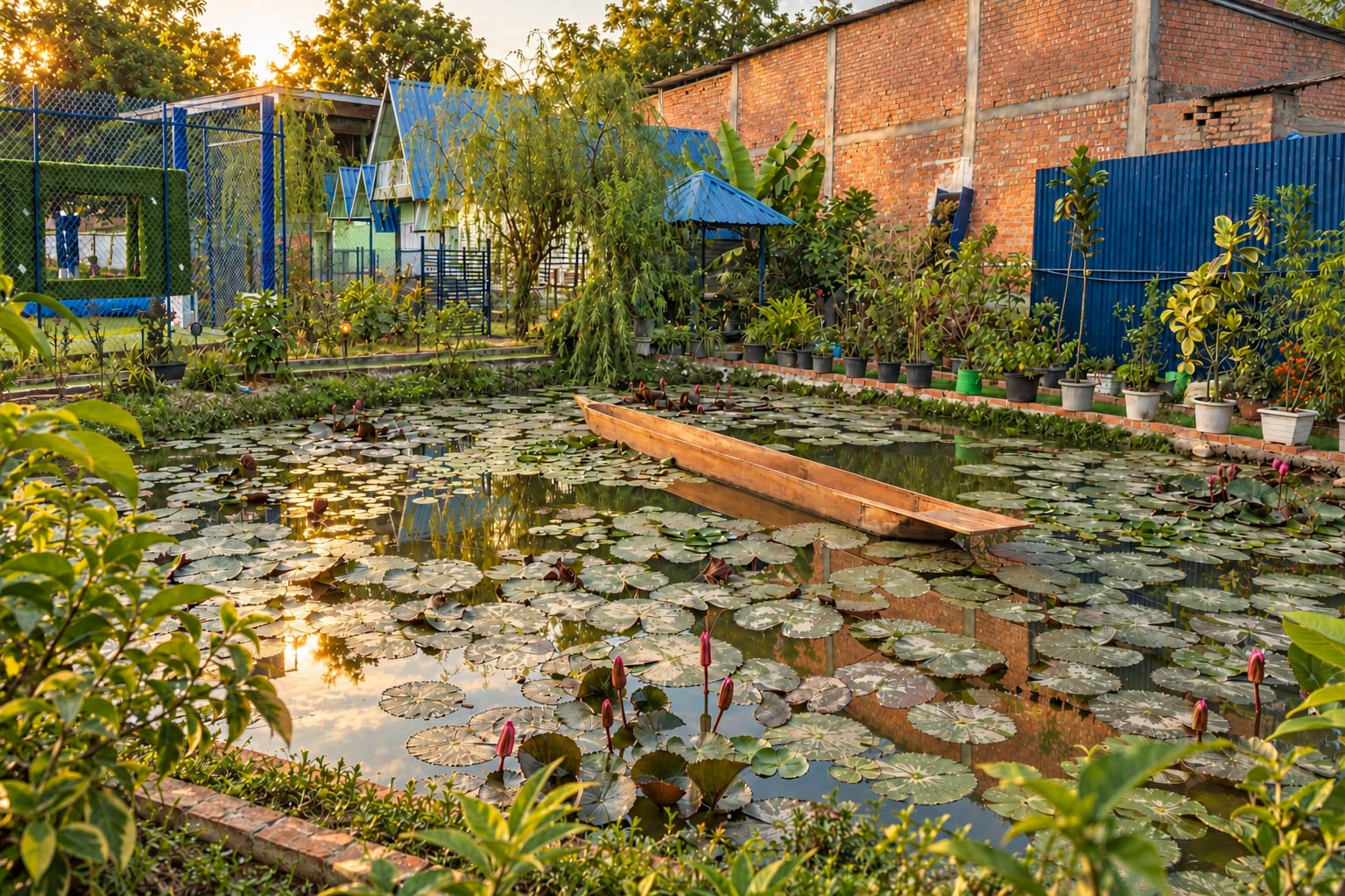 The lily pond with a long wooden boat, a willow, and potted plants along the brick wall and blue fence