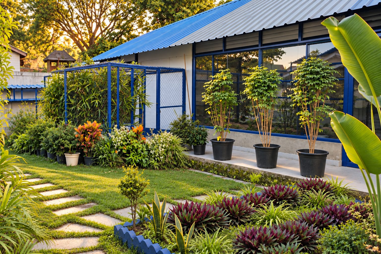Potted trees along the blue-framed building, a banana plant and stepping stones across the lawn
