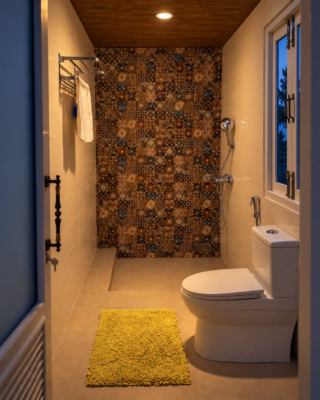 The homestay bathroom: a patterned tile shower wall, a toilet and a yellow bath mat