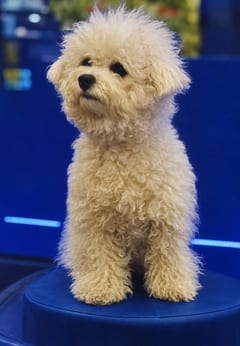 Melei, a Bichon Frisé, in the framed portrait on the café wall